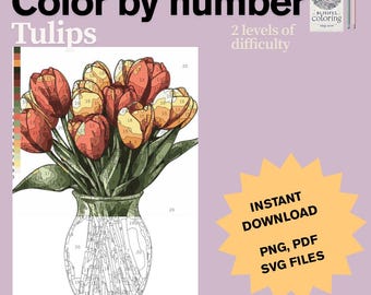 May include: A color-by-number printable featuring a bouquet of tulips in a clear vase. The tulips are in shades of red, orange, and yellow, with green leaves. The image includes the text "Color by number Tulips" and "Instant Download PNG, PDF, SVG FILES."