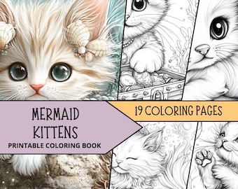 May include: A printable coloring book featuring 19 pages of adorable mermaid kittens. The cover shows a close-up of a kitten with seashells in its hair, surrounded by bubbles and coral.