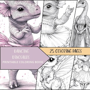 Dinosaurs Coloring, Digital Download, Dancing Dino Coloring Book, Dinosaur Coloring Pages, Brontosaurus Printables, Cute Dinosaur Coloring