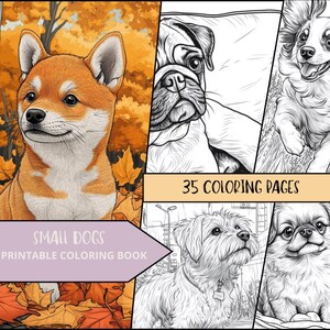 May include: A printable coloring book featuring 35 coloring pages of small dogs. The cover features a Shiba Inu puppy in a fall setting with orange, yellow, and red leaves.