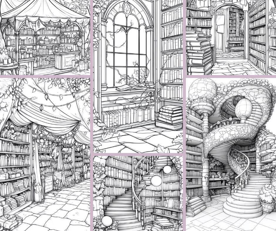 Magical Library Coloring Book, Coloring Book for Book Lovers, Printable ...