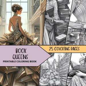Elegant Woman Coloring Pages, Printable Coloring Pages for Adult, Grayscale Coloring Sheets, Relaxing Coloring Book, Book Lover Coloring