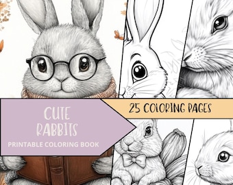 May include: A printable coloring book titled "Cute Rabbits" featuring 25 coloring pages. The cover art shows a gray rabbit wearing glasses and a scarf, holding a book. Other pages show detailed rabbit illustrations.