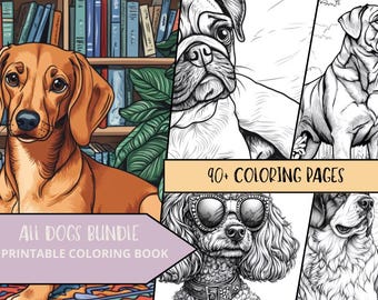 Dogs Coloring Bundle| Dog Coloring Pages | Printable Adult Kids Coloring Pages | Download Grayscale Illustration | Printable PDF