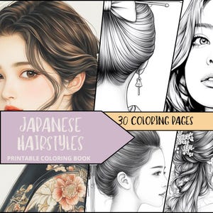 Japanese Coloring, Japan Coloring Sheets, Printable Japanese Coloring Book, Hairstyle Colouring Book, Adult Japanese Coloring Book