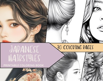 Japanese Coloring, Japan Coloring Sheets, Printable Japanese Coloring Book, Hairstyle Colouring Book, Adult Japanese Coloring Book