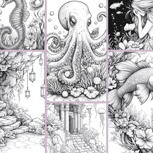 May include: A collection of six black and white illustrations featuring underwater scenes. The illustrations include a seahorse, an octopus, a mermaid, a fish, a cave with a stone staircase, and a stone archway with a staircase.