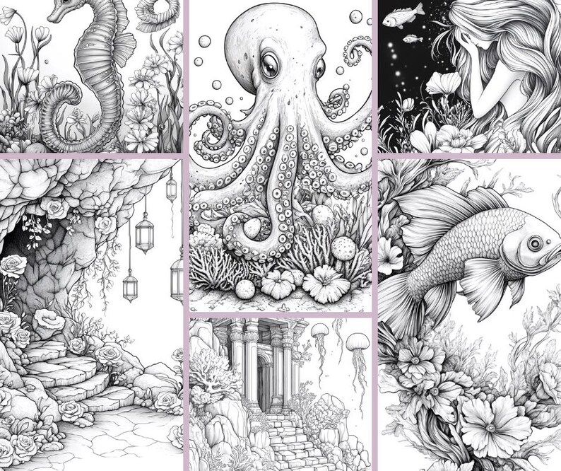 May include: A collection of six black and white illustrations featuring underwater scenes. The illustrations include a seahorse, an octopus, a mermaid, a fish, a cave with a stone staircase, and a stone archway with a staircase.