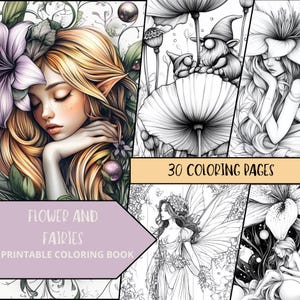 Fairies and Flowers Coloring Pages,Stress Relief coloring Sheets, Nature Coloring Book, Botanical Adult Coloring, Floral Coloring, Greyscale