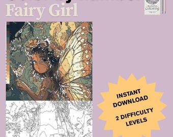 May include: A digital color-by-number image featuring a fairy girl with butterfly wings. The image includes the text "Color by number Fairy Girl", "Instant Download", and "2 Difficulty Levels". The image is a digital download.