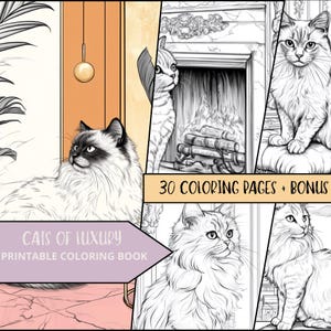 Cats in Luxury | Cat Coloring Pages | Printable Adult Kids Coloring Pages | Download Grayscale Illustration | Printable PDF