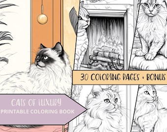Gatos de lujo / Dibujos para colorear de gatos / Dibujos para colorear para adultos y niños (imprimibles) / Descargar ilustración en escala de grises / PDF imprimible