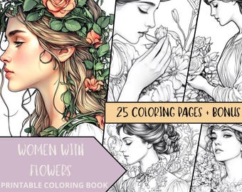 Pagine da colorare con donne e fiori, 25 fogli facili da colorare, antistress, libro da colorare sulla natura, colorazione per adulti, colorazione floreale, scala di grigi
