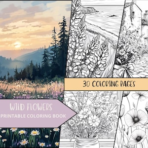 Wild Flowers Coloring Pages, Easy coloring Sheets, Stress Relief, Nature Coloring Book, Botanical Adult Coloring, Floral Coloring, Greyscale