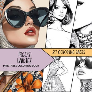 Vintage Women Coloring Pages, Printable Instant Download, Coloring Pages for Adults, Relaxing Women Coloring Sheets, 60s Lady Portrait Color