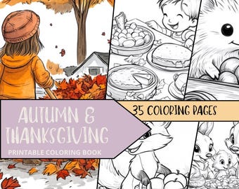 Puede incluir: Un libro para colorear imprimible de 35 páginas con temas de otoño y Acción de Gracias. La portada muestra a una niña rastrillando hojas, un zorro con una cesta de manzanas y un erizo con una cesta de bellotas.