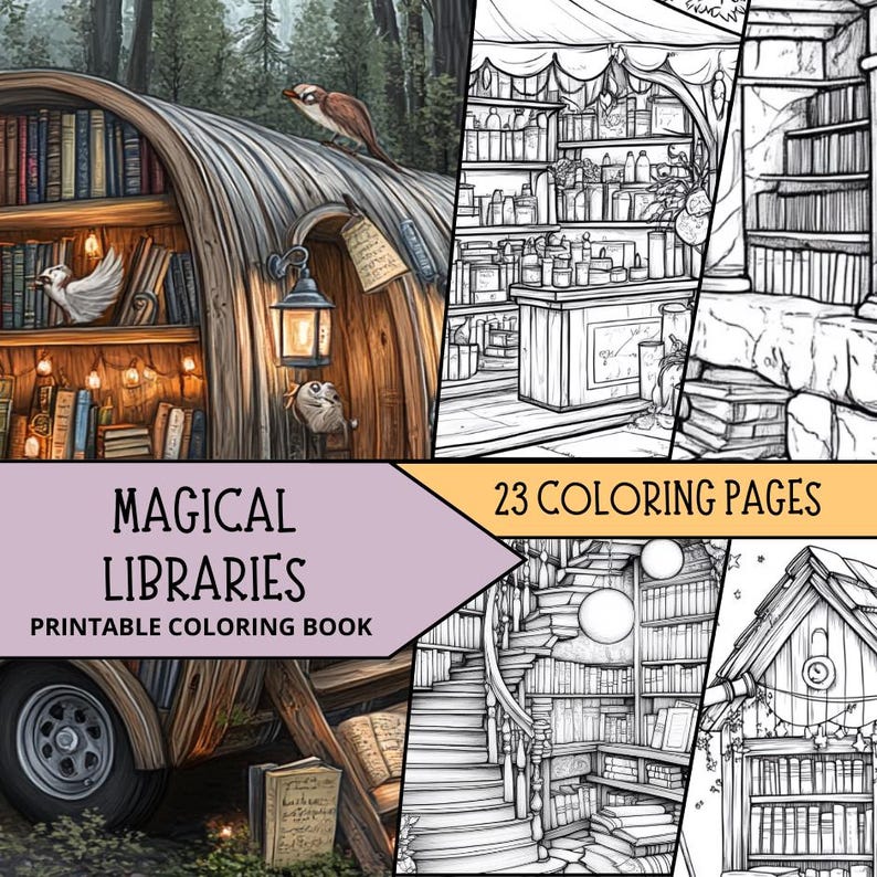 Magical Library Coloring Book, Coloring Book for Book Lovers, Printable ...