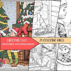 Könnte beinhalten: Ein druckbares Malbuch mit 29 Seiten voller Weihnachtswichtel. Das Cover zeigt einen Weihnachtsbaum, einen Kamin und Wichtel, die für die Feiertage dekorieren. Der Titel des Buches lautet "Christmas Elves Printable Coloring Book".