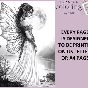 Puede incluir: Una ilustraci&oacute;n en blanco y negro de un hada con alas, vestida con un vestido largo y de pie junto a un lago. El hada est&aacute; mirando hacia el agua. La imagen est&aacute; dise&ntilde;ada para ser impresa en papel A4 o US Letter.
