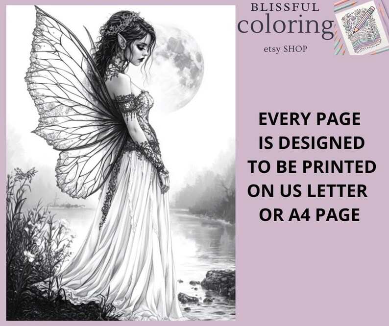 Puede incluir: Una ilustraci&oacute;n en blanco y negro de un hada con alas, vestida con un vestido largo y de pie junto a un lago. El hada est&aacute; mirando hacia el agua. La imagen est&aacute; dise&ntilde;ada para ser impresa en papel A4 o US Letter.