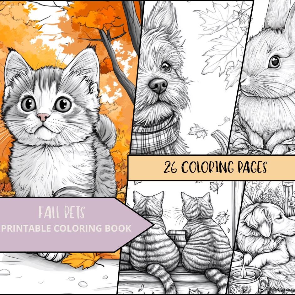 Fall Animals Coloring Pages, PDF Instant Download, Cat Coloring Pages ...