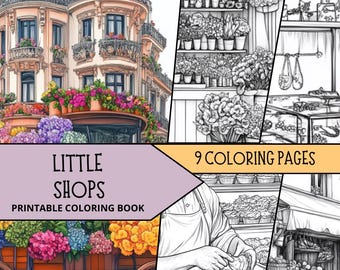 Piccoli negozi da colorare, panetteria da colorare, pagine da colorare stampabili per adulti, libro da colorare rilassante, fiori da colorare, colorazione antistress