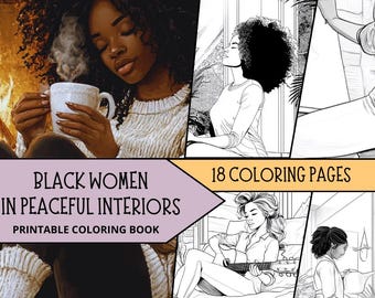 Dibujos para colorear de mujeres negras, páginas para colorear de chicas acogedoras para adultos, hojas para colorear en escala de grises, libro para colorear relajante, dibujos de moda afro para colorear.