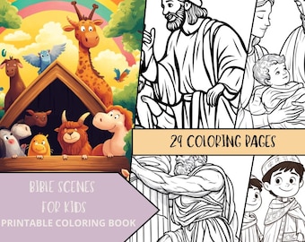 May include: A printable coloring book with 29 coloring pages featuring Bible scenes for kids. The cover features a colorful illustration of animals in a barn with a rainbow in the background. The text "Bible Scenes for Kids" and "Printable Coloring Book" is included on the cover.