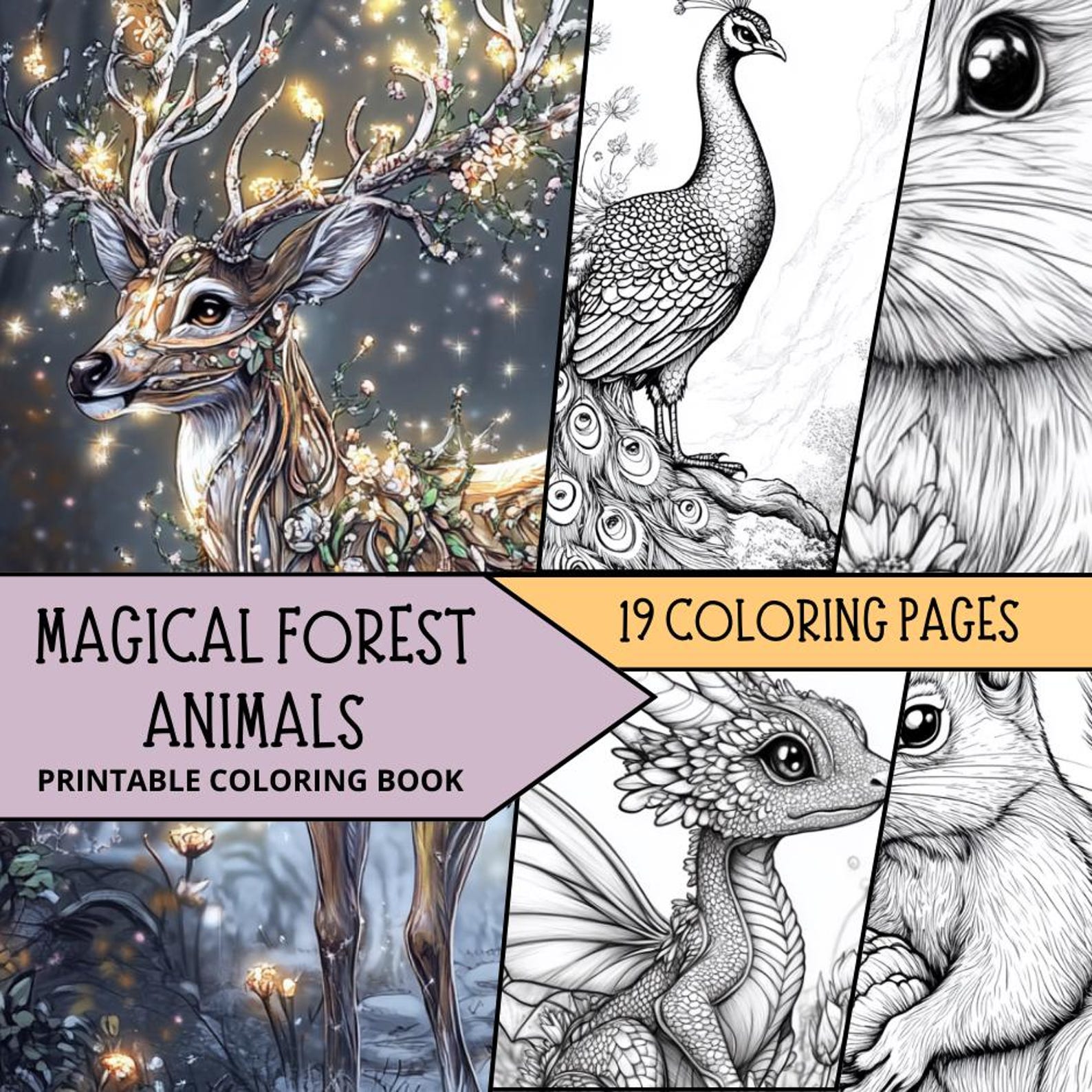 Magical Forest Animals, Printable Digital Download Adult Coloring Pages ...