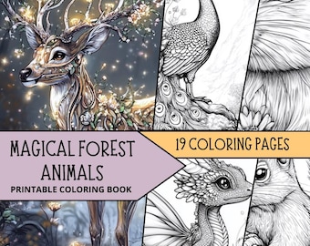 Magical Forest Animals, Printable Digital Download Adult Coloring Pages, Animals Coloring Pages, Printable Animal Coloring, Fantasy Coloring