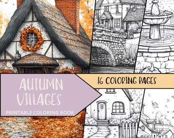 Village Coloring Pages, Detailed Village Landscapes for Adults, Digital Download, Autumn Coloring Pages, Thanksgiving Coloring
