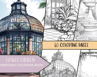 Garden Coloring Pages,Stress Relief coloring Sheets, Nature Coloring Book, Botanical Adult Coloring, Flower Coloring, Greyscale