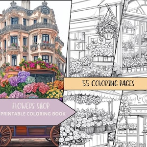 Flower Coloring Pages, Stress Relief coloring Sheets, Florist Shop Coloring Book, Botanical Adult Coloring, Nature Coloring, Greyscale