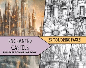 Enchanted Castle Coloring, Digital Download, Fantasy Coloring, Adult Coloring Pages, Grayscale Coloring Fairytale, Magical Coloring Book