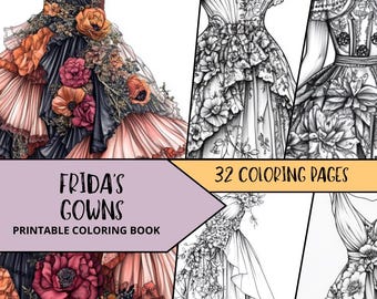 Floral Dresses Coloring Pages,Stress Relief Coloring Sheets, Printable Download,Beautiful Woman Coloring, Fashion Coloring, Flower Coloring