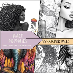 Mermaid Coloring, Adult Mermaid Coloring Books, Siren Coloring, Black Woman Coloring Pages, Printable Digital Download, Adult Coloring Pages
