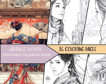 Japanese Women Coloring Pages, Printable Coloring Pages for Adult, Japanese Coloring Sheets, Relaxing Coloring Book, Asian Fashion Coloring