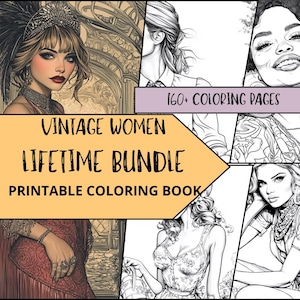 Vintage Woman Coloring Pages, Printable Coloring Pages for Adult, Grayscale Coloring Sheets, Relaxing Coloring Book, Fashion Coloring Bundle