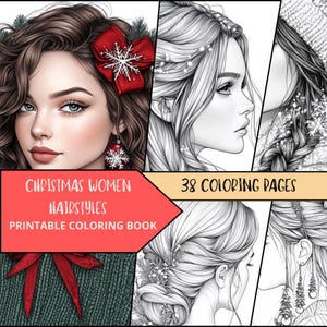 Woman Coloring Pages, Printable Coloring Pages for Adult, Christmas Hairstyles Coloring Sheet, Relaxing Coloring Book, Fashion Xmas Coloring