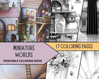Miniature Worlds Coloring Printable, Jar Coloring Pages, Whimsical Coloring Book, Fantasy Coloring, Adult Coloring Sheets, Relaxing Color