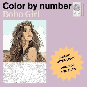 Color By Number Download, Boho Woman Coloring Pages, Boho Coloring, Color By Number For Adults Digital Download, Paint By Numbers