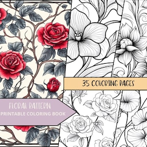 Floral Pattern Coloring Pages,Stress Relief coloring Sheets, Nature Coloring Book, Botanical Adult Coloring, Flower Coloring, Greyscale