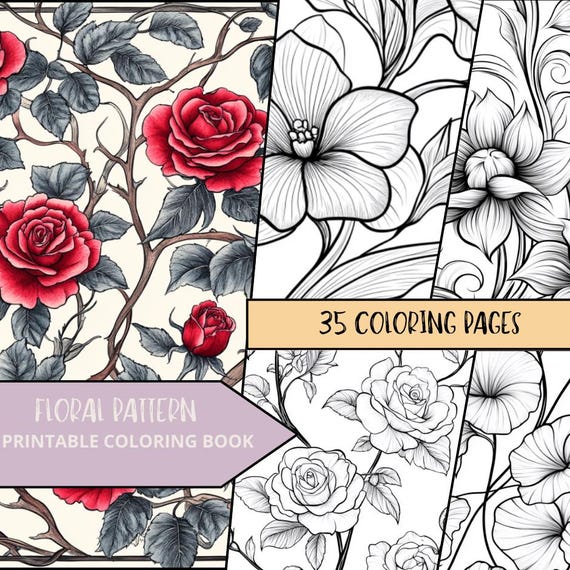 Floral Pattern Coloring Pages,Stress Relief coloring Sheets, Nature Coloring Book, Botanical Adult Coloring, Flower Coloring, Greyscale