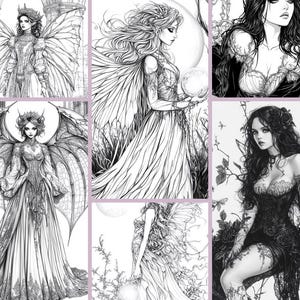 Puede incluir: Una ilustraci&oacute;n en blanco y negro de cuatro mujeres con alas. Cada mujer lleva un vestido y tiene el pelo largo. Las mujeres est&aacute;n en diferentes poses y tienen diferentes expresiones en sus rostros.