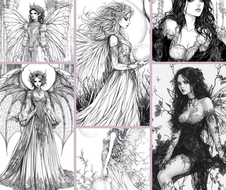 Puede incluir: Una ilustraci&oacute;n en blanco y negro de cuatro mujeres con alas. Cada mujer lleva un vestido y tiene el pelo largo. Las mujeres est&aacute;n en diferentes poses y tienen diferentes expresiones en sus rostros.