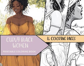 Dibujos para colorear de mujeres negras, dibujos para colorear imprimibles para adultos, hojas para colorear en escala de grises, libro para colorear relajante, dibujos de moda para colorear de chicas con curvas.