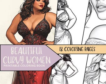 Beautiful Woman Coloring Pages, Printable Coloring Pages for Adult, Grayscale Coloring Sheets, Relaxing Coloring Book Curvy Fashion Coloring