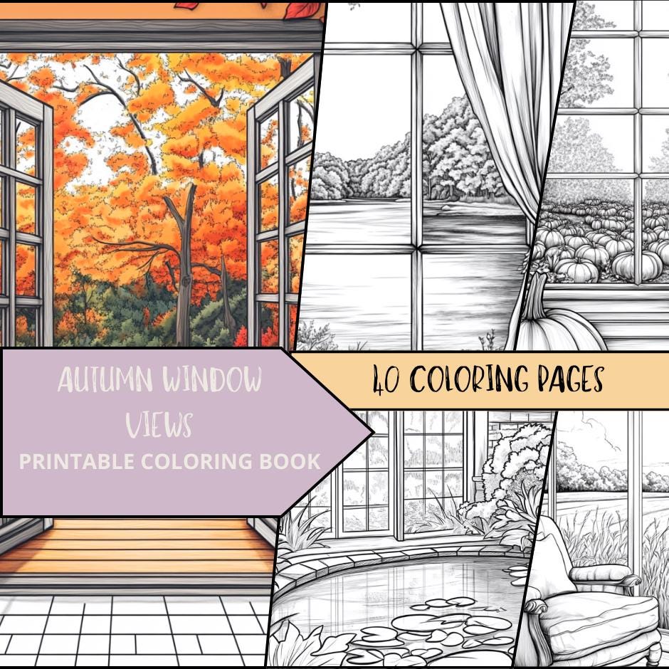 Autumn Window Coloring Pages, Stress Relief Nature Coloring, Coloring ...