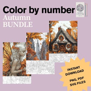 Pode incluir: Um conjunto "Outono" de colorir por números com três imagens: uma fada com asas laranja, uma cena da cidade e uma casa de campo. As imagens são em tons de laranja, castanho e branco. As palavras "Download instantâneo" e "PNG, PDF, SVG Files" também são visíveis.