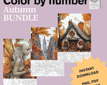 May include: A colour-by-number "Autumn Bundle" with three images: a fairy with orange wings, a city scene, and a cottage. The images are in shades of orange, brown, and white. The words "Instant Download" and "PNG, PDF, SVG Files" are also visible.